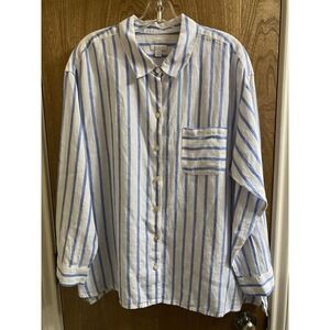 J. Jill Love Linen Shirt Women's Plus 1X White Blue Stripe Button Up Coastal